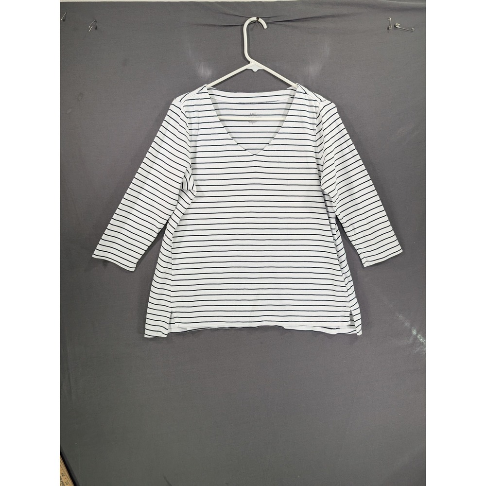 J. Jill Pima 3/4-Sleeve V-Neck Top White Black Striped M 8070